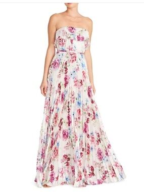 Floral pleated satin strapless dress